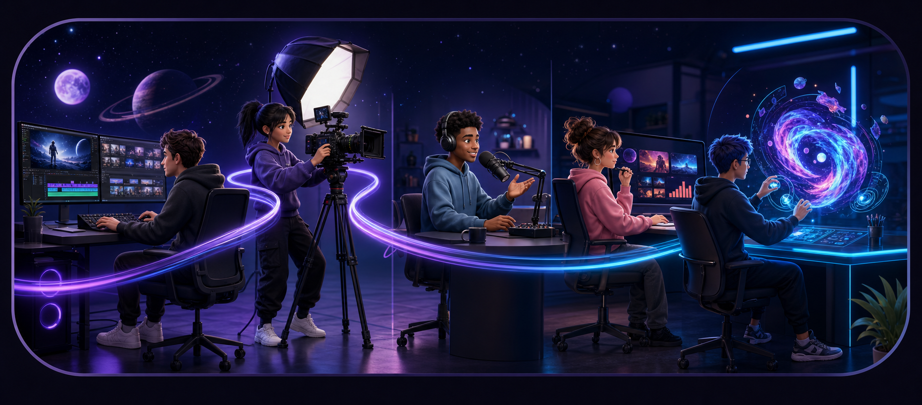 Creators learning editing, shooting, podcasting, YouTube and AI video creation